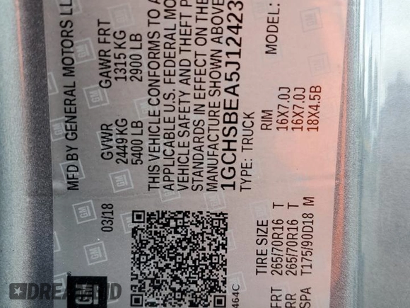 2018 Chevrolet Colorado 2WD Work Truck z VIN 1GCHSBEA5J1242370, wystawiony jako Copart lot #52625885 z przebiegiem 108 873 mil mil oraz Szkoda całkowita • Salvage title. Historia ofert i sprzedaży dostępna na DreamBid. Obrazek 12.