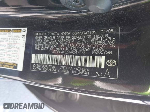 2009 Toyota Corolla with VIN JTDBL40E599047178, listed as a IAAI auction lot 42372553 with 227,682 mi miles and . Bid and sale history available at DreamBid. Image 9.