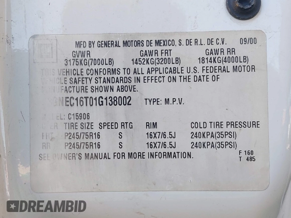 2001 Chevrolet Suburban LS z VIN 3GNEC16T01G138002, wystawiony jako IAAI lot #42317851 z przebiegiem 226 769 mil mil oraz . Historia ofert i sprzedaży dostępna na DreamBid. Obrazek 9.