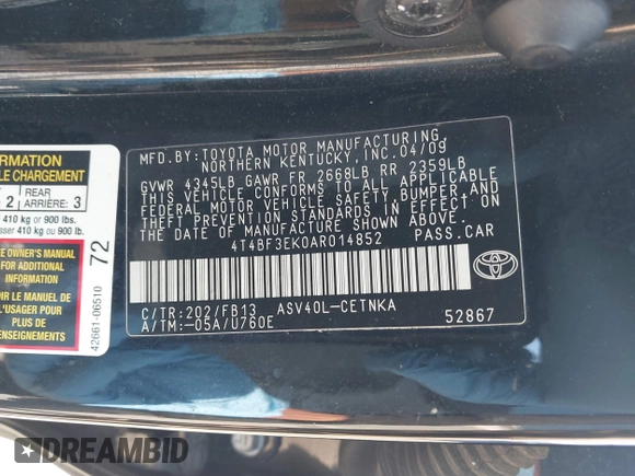 2010 Toyota Camry with VIN 4T4BF3EK0AR014852, listed as a IAAI auction lot 42205825 with 239,751 mi miles and . Bid and sale history available at DreamBid. Image 9.