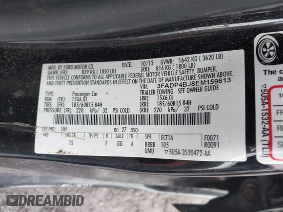 2014 Ford Fiesta SE with VIN 3FADP4BJ8EM159613, listed as a IAAI auction lot 41661005 with 100,006 mi miles. Bid and sale history available at carsss.com. Image 9.