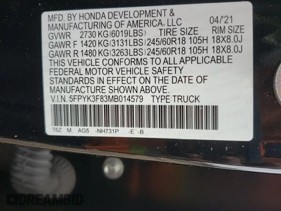 2021 Honda Ridgeline Black Edition с VIN 5FPYK3F83MB014579, выставлен на аукционе Copart как лот 46446935 с пробегом 51 680 миль миль и Списание • Salvage title. История ставок и продаж доступна на DreamBid. Изображение 15.