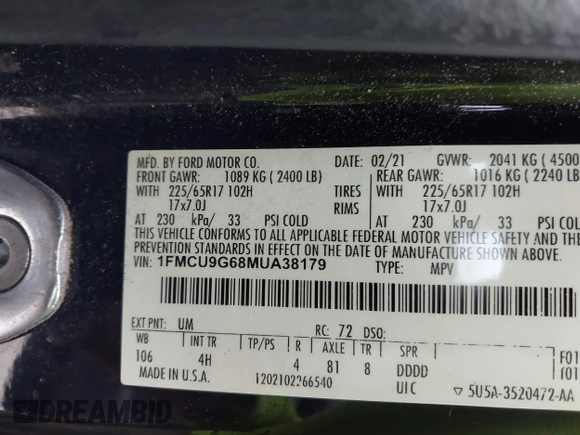 2021 Ford Escape SE with VIN 1FMCU9G68MUA38179, listed as a IAAI auction lot 42692825 with 93,745 mi miles and . Bid and sale history available at DreamBid. Image 9.