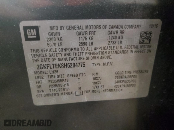 2017 GMC Terrain SLE with VIN 2GKFLTEK8H6204775, listed as a Copart auction lot 81711774 with 124,850 mi miles and Clean Title. Bid and sale history available at carsss.com. Image 16.
