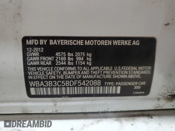 2013 BMW 3 Series 328i xDrive with VIN WBA3B3C58DF542088, listed as a Copart auction lot 52076465 with 85,222 mi miles and Salvage Title. Bid and sale history available at DreamBid. Image 12.