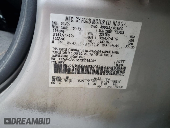 2002 Ford Excursion XLT with VIN 1FMNU41S22EC86209, listed as a Copart auction lot 51261065 with 202,942 mi miles and Salvage title. Bid and sale history available at DreamBid. Image 13.