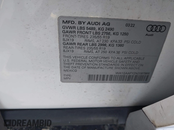 2022 Audi Q5 S line Premium with VIN WA1GAAFY2N2087968, listed as a IAAI auction lot 42531144 with 41,542 mi miles and . Bid and sale history available at DreamBid. Image 9.