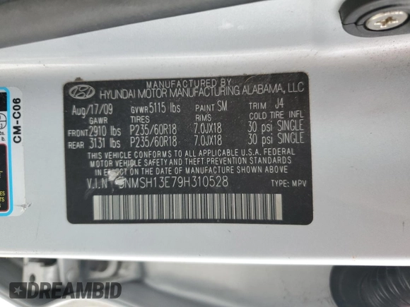 2009 Hyundai Santa Fe SE с VIN 5NMSH13E79H310528, выставлен на аукционе Copart как лот 58806755 с пробегом 159 308 миль миль и Списание • Salvage title. История ставок и продаж доступна на DreamBid. Изображение 13.