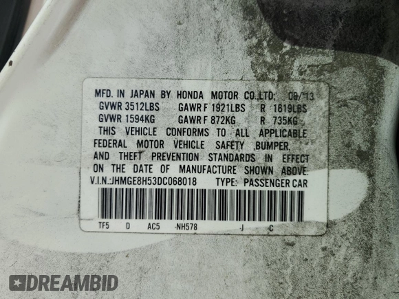 2013 Honda Fit Sport with VIN JHMGE8H53DC068018, listed as a Copart auction lot 52614455 with 153,177 mi miles and Salvage Title. Bid and sale history available at carsss.com. Image 12.