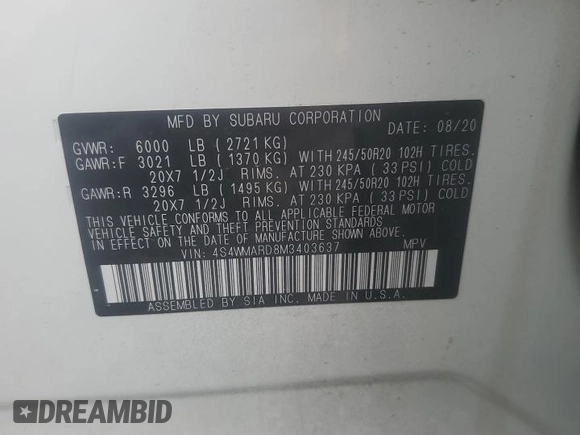2021 Subaru Ascent Touring with VIN 4S4WMARD8M3403637, listed as a Copart auction lot 53819935 with 77,522 mi miles and Salvage title. Bid and sale history available at DreamBid. Image 13.