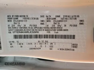 2024 Ford Ranger LARIAT with VIN 1FTER4KH0RLE32959, listed as a Copart auction lot 85358994 with 8,880 mi miles and Salvage Title. Bid and sale history available at carsss.com. Image 14.