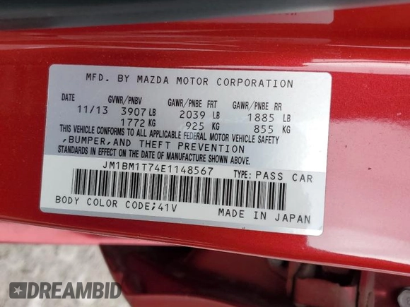 2014 Mazda 3 i SV with VIN JM1BM1T74E1148567, listed as a Copart auction lot 50977115 with 85,792 mi miles and Salvage Title. Bid and sale history available at DreamBid. Image 14.