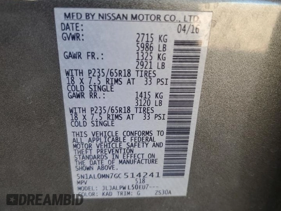 2016 Infiniti QX60 with VIN 5N1AL0MN7GC514241, listed as a Copart auction lot 53520645 with 148,283 mi miles and Salvage Title. Bid and sale history available at carsss.com. Image 13.