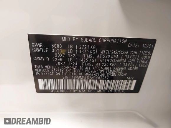 2022 Subaru Ascent Limited with VIN 4S4WMALD7N3402957, listed as a IAAI auction lot 42423626 with 36,403 mi miles and . Bid and sale history available at DreamBid. Image 9.
