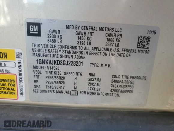 2016 Chevrolet Traverse LTZ with VIN 1GNKVJKD3GJ228201, listed as a Copart auction lot 86395134 with 148,436 mi miles and Salvage Title. Bid and sale history available at DreamBid. Image 16.