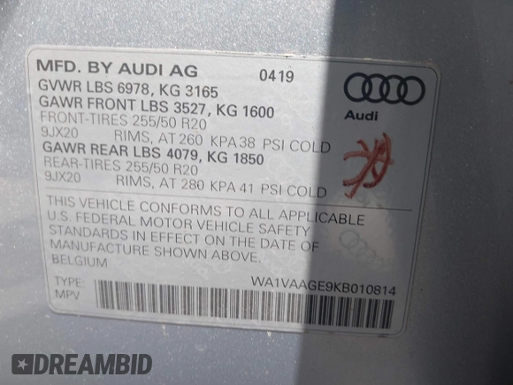 2019 Audi e-tron Prestige with VIN WA1VAAGE9KB010814, listed as a IAAI auction lot 42632795 with 90,497 mi miles and . Bid and sale history available at DreamBid. Image 9.