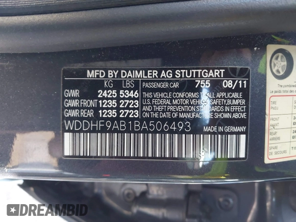 2011 Mercedes-Benz E 550 Luxury with VIN WDDHF9AB1BA506493, listed as a IAAI auction lot 41983216 with 106,071 mi miles and . Bid and sale history available at DreamBid. Image 9.