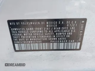2021 Volkswagen Jetta S z VIN 3VWC57BU4MM037088, wystawiony jako IAAI lot #42087111 z przebiegiem 82 728 mil mil oraz . Historia ofert i sprzedaży dostępna na DreamBid. Obrazek 9.