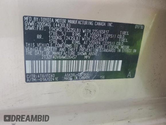 2010 Toyota RAV4 with VIN 2T3ZF4DV8AW026457, listed as a Copart auction lot 55753545 with 126,177 mi miles and Salvage title. Bid and sale history available at DreamBid. Image 12.
