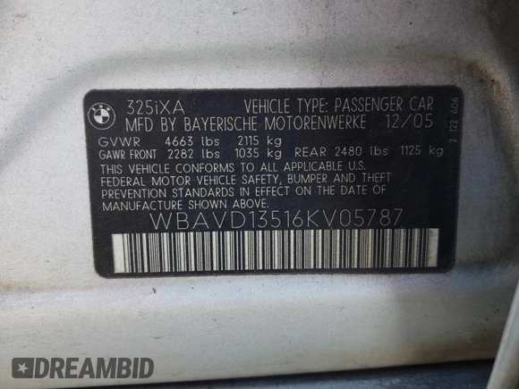 2006 BMW 3 Series 325xi with VIN WBAVD13516KV05787, listed as a Copart auction lot 42367735 with 177,220 mi miles and Salvage Title. Bid and sale history available at carsss.com. Image 12.