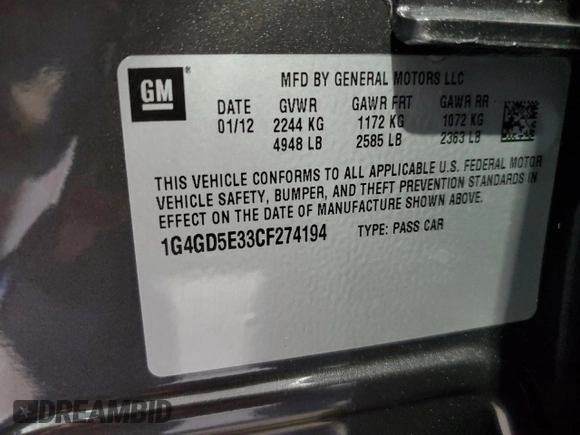 2012 Buick LaCrosse Premium 1 с VIN 1G4GD5E33CF274194, выставлен на аукционе Copart как лот 65467255 с пробегом 73 073 миль миль и Списание • Salvage title. История ставок и продаж доступна на DreamBid. Изображение 12.