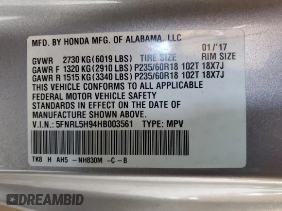 2017 Honda Odyssey Touring с VIN 5FNRL5H94HB003561, выставлен на аукционе Copart как лот 87223524 с пробегом 102 985 миль миль и Списание • Salvage title. История ставок и продаж доступна на DreamBid. Изображение 13.