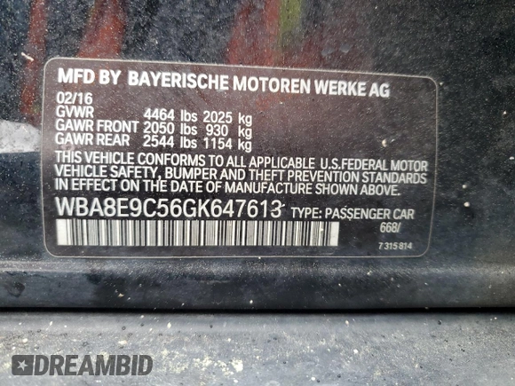 2016 BMW 3 Series 328i with VIN WBA8E9C56GK647613, listed as a Copart auction lot 48921325 with 175,933 mi miles and Salvage Title. Bid and sale history available at DreamBid. Image 12.