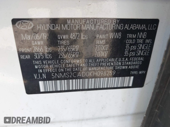 2019 Hyundai Santa Fe SE with VIN 5NMS2CAD0KH098259, listed as a IAAI auction lot 42075356 with 55,163 mi miles and . Bid and sale history available at DreamBid. Image 9.