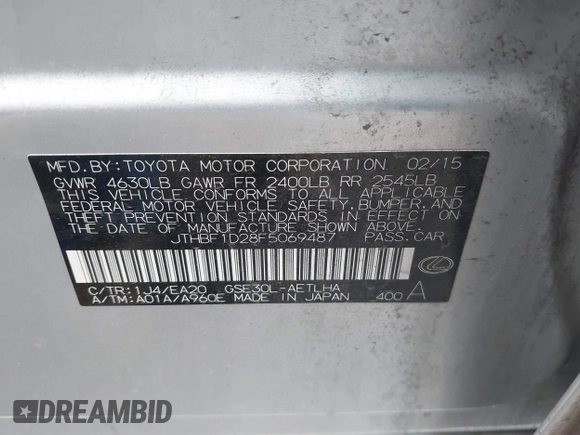 2015 Lexus IS 250 with VIN JTHBF1D28F5069487, listed as a IAAI auction lot 41586241 with 158,891 mi miles and . Bid and sale history available at DreamBid. Image 9.