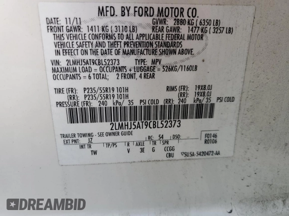 2012 Lincoln MKT EcoBoost with VIN 2LMHJ5AT9CBL52373, listed as a Copart auction lot 51474715 with 98,905 mi miles and Salvage Title. Bid and sale history available at DreamBid. Image 13.