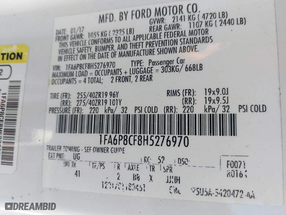 2017 Ford Mustang GT with VIN 1FA6P8CF8H5276970, listed as a IAAI auction lot 40831549 with 132,990 mi miles. Bid and sale history available at carsss.com. Image 9.