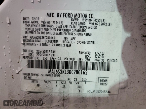 2019 Ford EcoSport Titanium with VIN MAJ6S3KL3KC280162, listed as a Copart auction lot 48044285 with 25,253 mi miles and Clean Title. Bid and sale history available at DreamBid. Image 13.