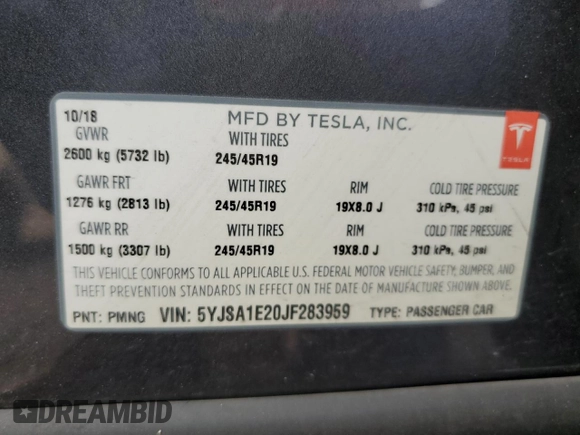 2018 Tesla Model S 75D with VIN 5YJSA1E20JF283959, listed as a Copart auction lot 59386465 with 75,078 mi miles and Salvage title. Bid and sale history available at DreamBid. Image 13.
