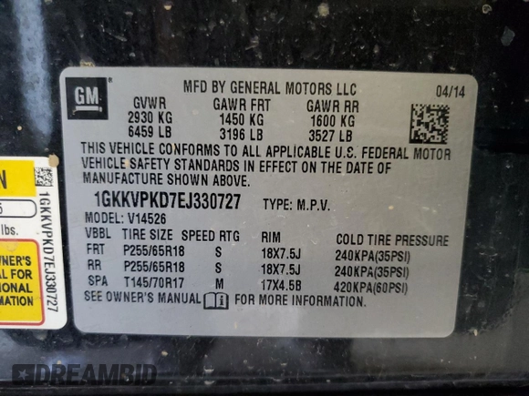 2014 GMC Acadia SLE with VIN 1GKKVPKD7EJ330727, listed as a Copart auction lot 50290075 with 159,562 mi miles and Salvage Title. Bid and sale history available at carsss.com. Image 14.