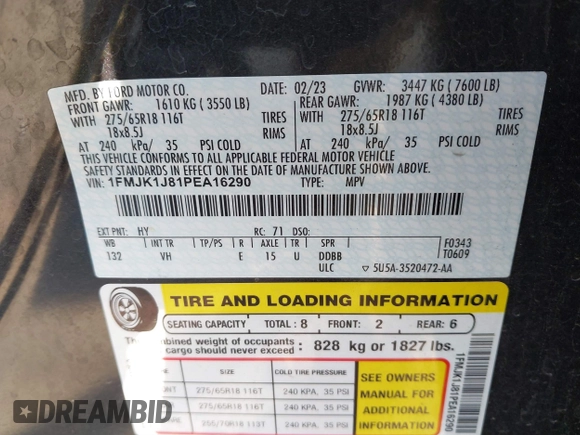 2023 Ford Expedition Max XLT with VIN 1FMJK1J81PEA16290, listed as a IAAI auction lot 41573249 with 56,471 mi miles and . Bid and sale history available at DreamBid. Image 9.