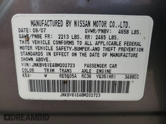 2008 Infiniti G35 with VIN JNKBV61E48M202723, listed as a Copart auction lot 62331224 with 124,885 mi miles and Non Repairable. Bid and sale history available at DreamBid. Image 12.