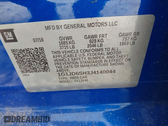 2018 Chevrolet Sonic LT with VIN 1G1JD6SH3J4140044, listed as a IAAI auction lot 41536571 with 253,553 mi miles and . Bid and sale history available at DreamBid. Image 9.