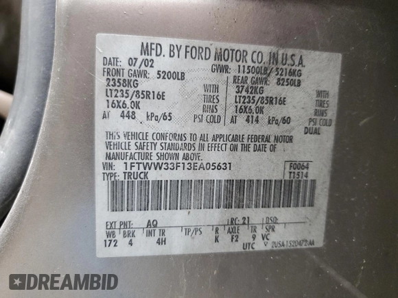 2003 Ford F-350 XL with VIN 1FTWW33F13EA05631, listed as a Copart auction lot 82089174 with 365,768 mi miles and Salvage Title. Bid and sale history available at DreamBid. Image 14.