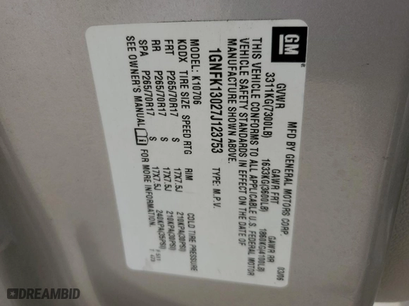 2007 Chevrolet Tahoe LT with VIN 1GNFK13027J123753, listed as a Copart auction lot 49707865 with 190,992 mi miles and Salvage Title. Bid and sale history available at carsss.com. Image 13.