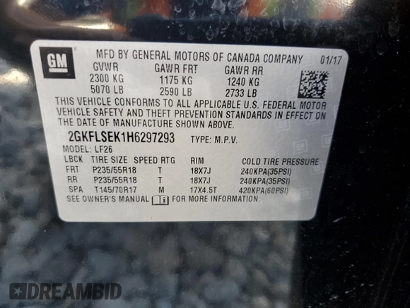 2017 GMC Terrain SLE with VIN 2GKFLSEK1H6297293, listed as a Copart auction lot 59229444 with 107,719 mi miles and Salvage Title. Bid and sale history available at DreamBid. Image 13.