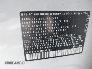 2018 Volkswagen Tiguan SEL with VIN 3VV2B7AX8JM105246, listed as a IAAI auction lot 41906838 with 110,749 mi miles and . Bid and sale history available at DreamBid. Image 9.