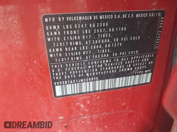 2018 Volkswagen Tiguan SEL z VIN 3VV3B7AX1JM208075, wystawiony jako IAAI lot #42651678 z przebiegiem Nie podano mil oraz . Historia ofert i sprzedaży dostępna na DreamBid. Obrazek 9.