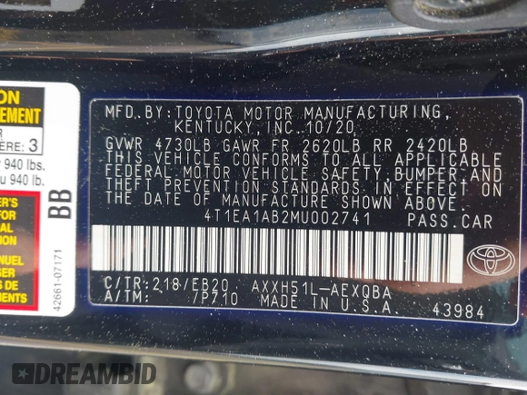 2021 Toyota Avalon Hybrid XSE z VIN 4T1EA1AB2MU002741, wystawiony jako IAAI lot #41865444 z przebiegiem 141 196 mil mil oraz . Historia ofert i sprzedaży dostępna na DreamBid. Obrazek 9.