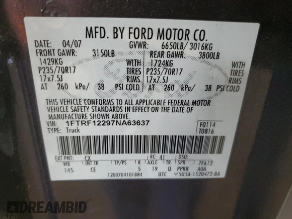 2007 Ford F-150 XL with VIN 1FTRF12297NA63637, listed as a Copart auction lot 63427965 with 100,791 mi miles and Clean title. Bid and sale history available at DreamBid. Image 13.