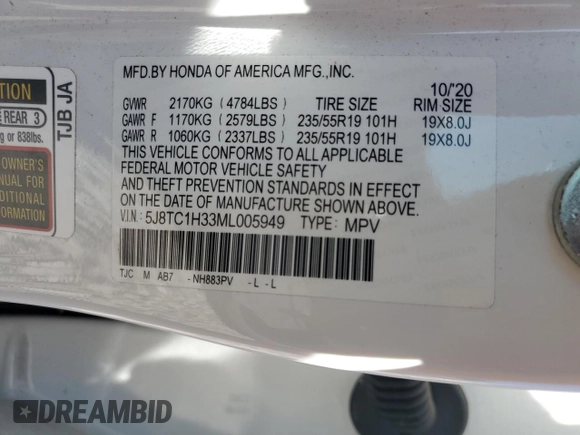 2021 Acura RDX with VIN 5J8TC1H33ML005949, listed as a Copart auction lot 52402405 with Not provided miles and Salvage title. Bid and sale history available at DreamBid. Image 16.