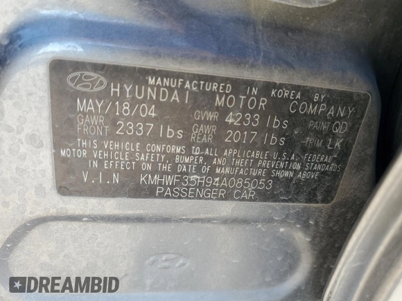 2004 Hyundai Sonata GLS with VIN KMHWF35H94A085053, listed as a Copart auction lot 49443565 with 79,190 mi miles and Salvage Title. Bid and sale history available at carsss.com. Image 14.