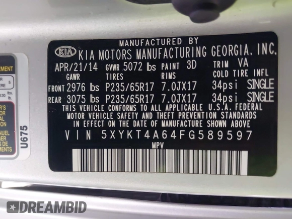 2015 Kia Sorento LX with VIN 5XYKT4A64FG589597, listed as a IAAI auction lot 42068816 with 107,948 mi miles. Bid and sale history available at carsss.com. Image 9.