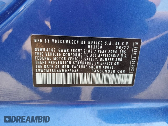 2022 Volkswagen Jetta SE with VIN 3VW7M7BU4NM023035, listed as a Copart auction lot 62234935 with 23,435 mi miles and Salvage title. Bid and sale history available at DreamBid. Image 12.
