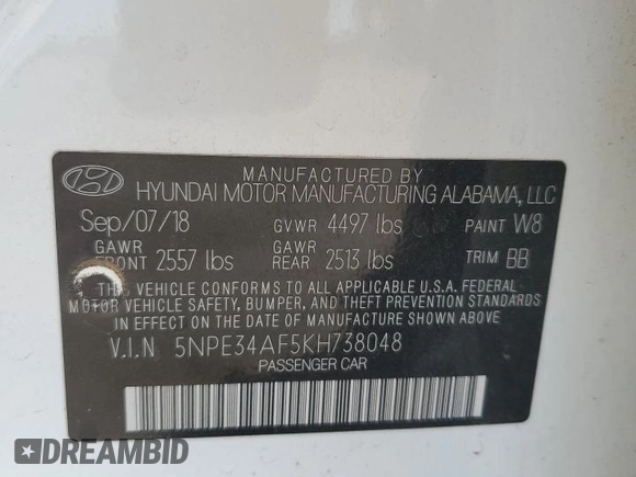 2019 Hyundai Sonata SEL with VIN 5NPE34AF5KH738048, listed as a Copart auction lot 49234445 with 62,075 mi miles and Salvage Title. Bid and sale history available at DreamBid. Image 13.