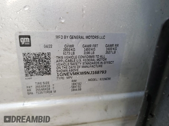 2022 Chevrolet Traverse LT Cloth with VIN 1GNEVMKW9NJ168793, listed as a Copart auction lot 74868013 with 0 mi miles and Clean Title. Bid and sale history available at carsss.com. Image 14.